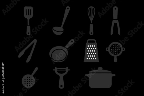 Essential kitchen utensils silhouettes: spatula, grater, whisk, and more