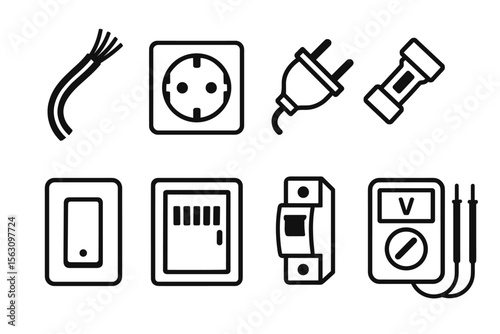 Essential electrical components: wires, sockets, plugs, switches, and multimeter icons