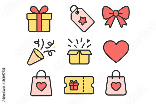 Colorful gift icons set with present, heart, and bow illustrations for celebrations