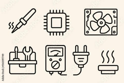 Electronics tools and components icons: soldering iron, microchip, fan, toolkit, multimeter, plug, heat plate