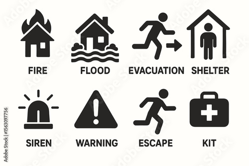 Emergency symbols: fire, flood, evacuation, shelter, siren, warning, escape, kit icons