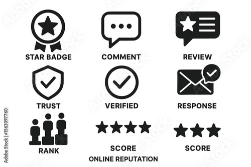 Online reputation icons: star badge, comment, review, trust, verified, response, score, rank
