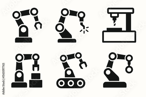Collection of industrial robot arm icons for automation and manufacturing