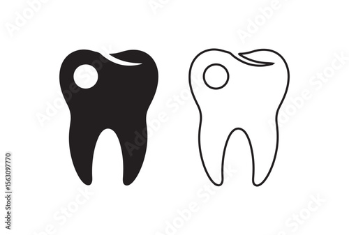 Two stylized tooth icons one solid black and one outline isolated on white background