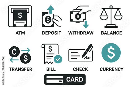 Atm and banking icons: deposit, withdraw, balance, transfer, check, card