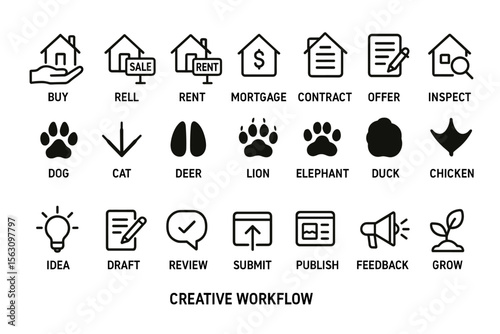 Real estate and workflow icons: buy, sell, contract, animals, feedback