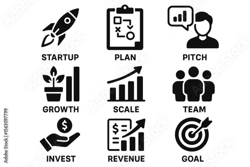 Business strategy concepts: startup, planning, growth, scaling, teamwork, investment goals