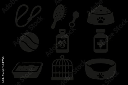 Pet accessories: food bowl, leash, brush, ball, medicine, cage, collar, litter tray