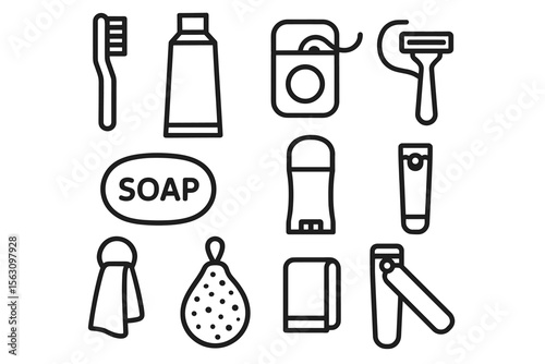 Essential bathroom hygiene items: toothbrush, toothpaste, floss, razor, soap, towel, nail clipper