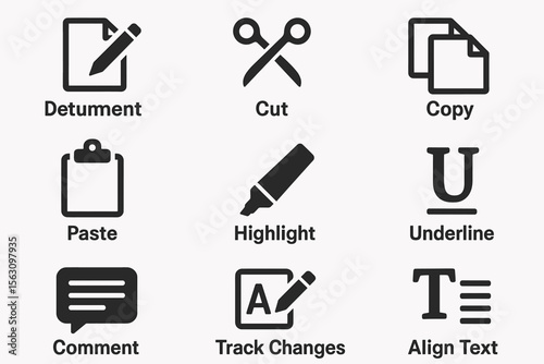 Essential document editing icons: detument, cut, copy, paste, highlight, underline, comment, track changes, align text