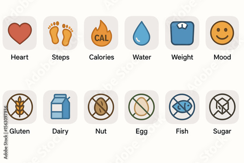 Health and nutrition icons for fitness and dietary tracking apps