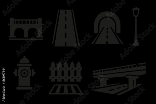 Silhouette icons of urban structures: bridge, road, tunnel, lamp, hydrant, fence, overpass