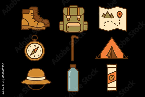Outdoor adventure essentials: boots, backpack, map, compass, tent, hat, water bottle, trekking pole