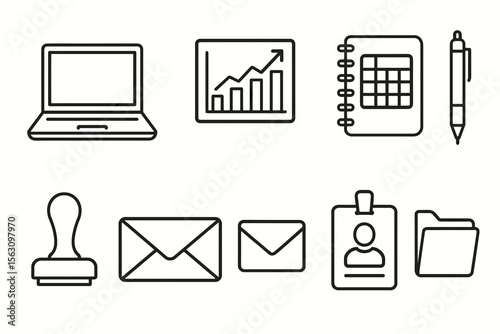 Office icon set: laptop, graph, notebook, stamp, envelope, id, folder