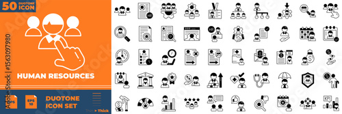 Human Resources Duotone Editable Icons set. Vector illustration in modern thin duotone style of human resources icons: manager, teamwork, strategy, etc