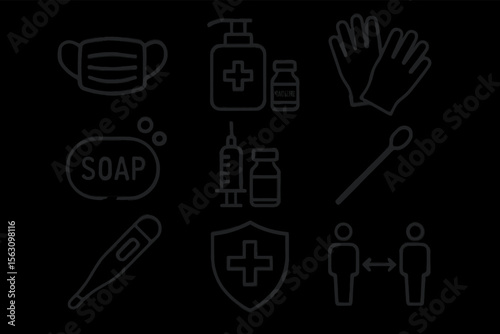 Healthcare and safety icons: mask, sanitizer, gloves, soap, vaccine, swab, thermometer, shield, distancing