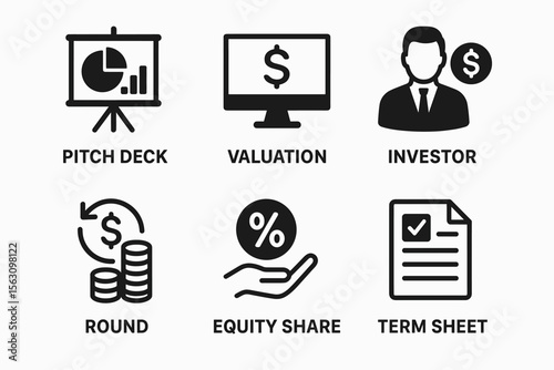 Business presentation icons: pitch deck, valuation, investor, equity, term sheet