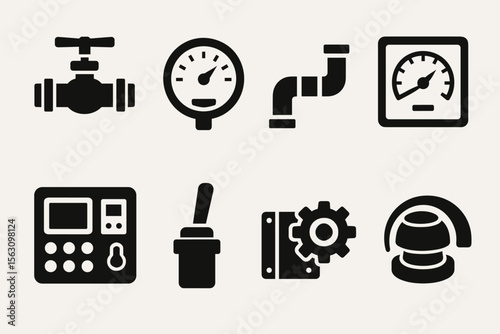 Industrial control icons set: valve, gauge, pipe, control panel, lever, gear, button