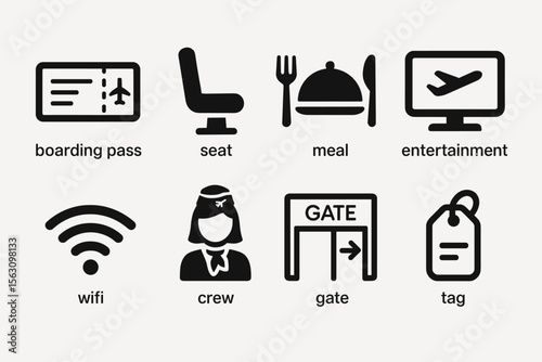 Air travel icons: boarding pass, seat, meal, entertainment, wifi, crew, gate, tag