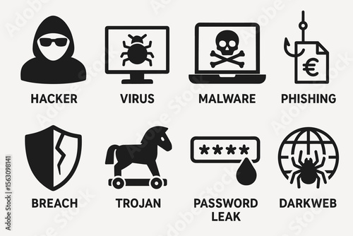 Cybersecurity icons: hacker, virus, malware, phishing, breach, trojan, password leak, dark web