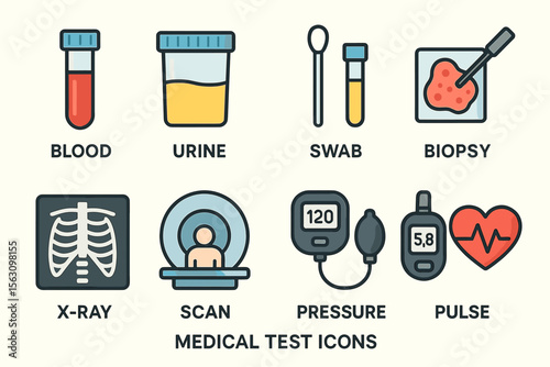 Medical test icons collection featuring blood, urine, and x-ray illustrations