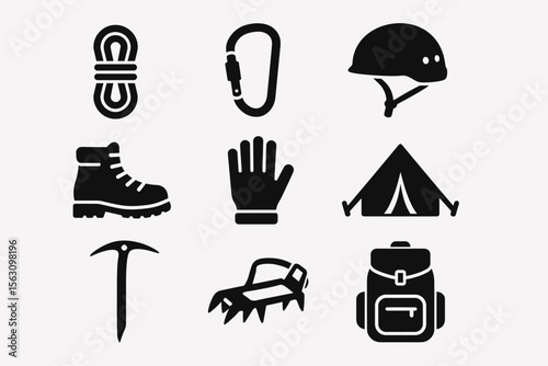 Set of adventure gear icons: rope, carabiner, helmet, boot, glove, tent, ice axe, crampons, backpack
