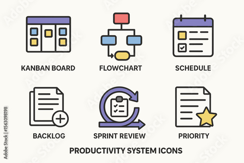 Productivity system icons: kanban, flowchart, schedule, backlog, sprint review, priority