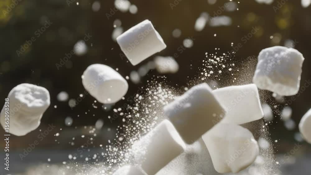 A group of sugar cubes falling from above, suspended in mid-air