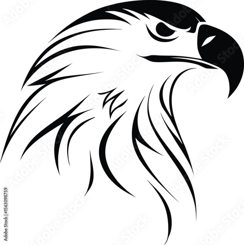 Bold black and white eagle head illustration in profile with sharp beak, fierce eye, and stylized feathers symbolizing strength and freedom