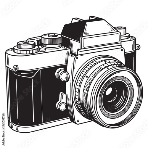 Detailed hand drawn black and white illustration of a classic film camera with an ornamental set