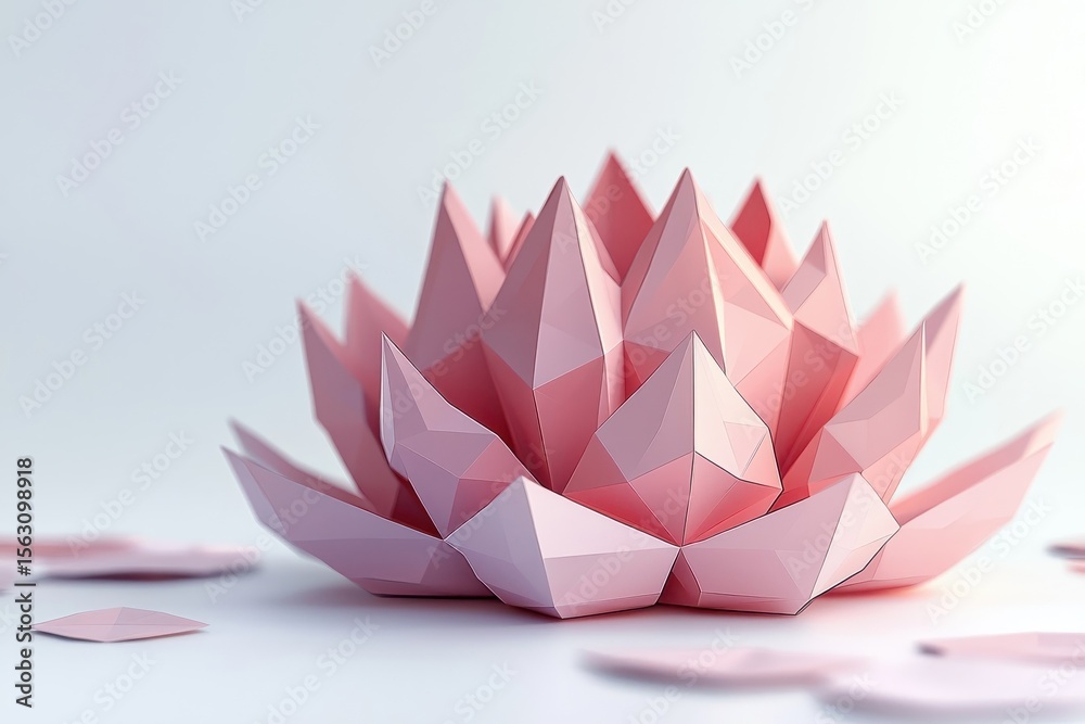 Fototapeta premium A low polygon style lotus, isolated on a white background, featuring geometric shapes and a contemporary design.
