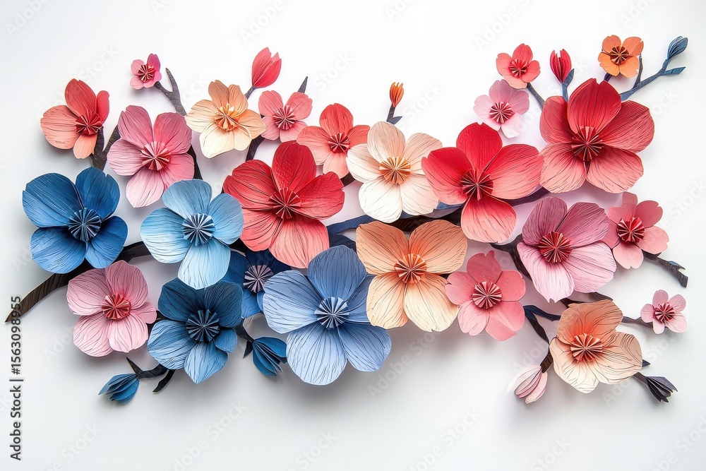 A multicolored paper art cherry blossom, isolated on a white background, showcasing intricate details and layered textures. A multicolored paper art cherry blossom, isolated on a white background, showcasing intricate details and layered textures.