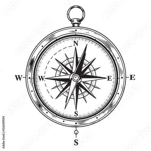 Detailed vintage compass illustration with north south east west directional markings