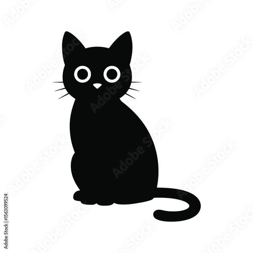 Adorable black cat cartoon sitting with expressive eyes and cute whiskers isolated on white background