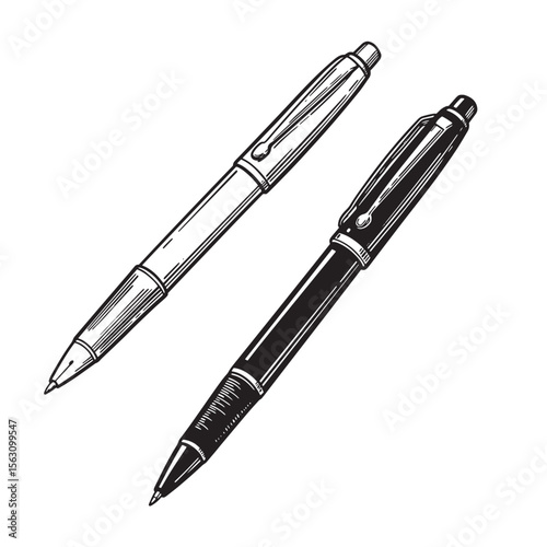 Elegant pen ornament set in detailed black and white illustration on a clean white background
