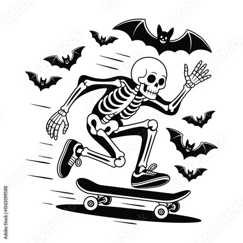 Halloween skeleton riding a skateboard surrounded by flying bats in a black and white design