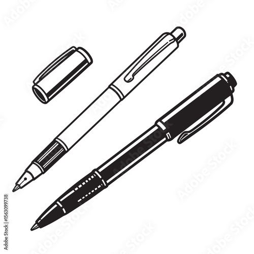 Elegant pen set illustration with detached cap in black and white ornament