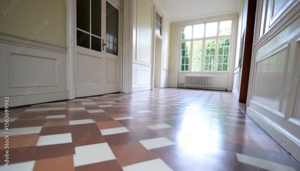 Obraz premium Empty interior hallway with checkerboard tiled floor bright natural light from large window and white paneled walls creating spacious clean atmosphere