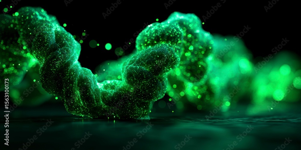 Fototapeta premium Dynamic green particle cloud swirling in dark background during a mesmerizing light display