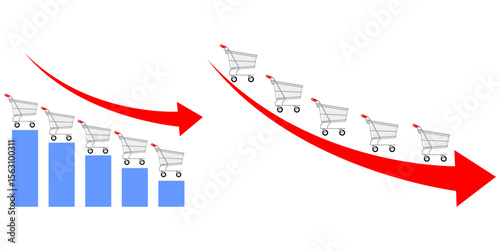 Decrease sale vector with shopping cart, bar graph, and downward arrow. Illustrates sales decline, market challenges, or reduced consumer activity. Ideal for financial analysis and business reports.