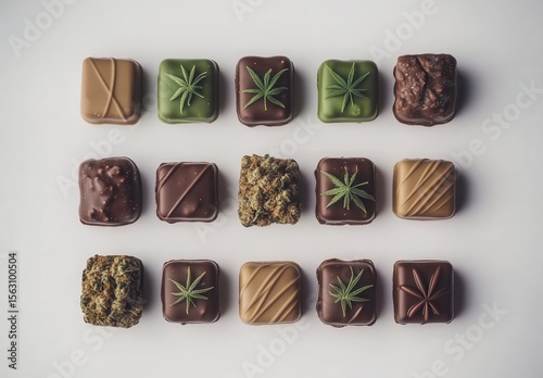 A beautiful arrangement of assorted gourmet chocolates infused with cannabis, featuring various shapes and textures, reflecting a modern twist on confectionery delights.