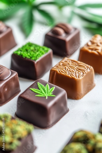 A tantalizing assortment of gourmet chocolates, featuring unique designs, including a cannabis leaf, set against a backdrop of green foliage, evoking indulgence and creativity.