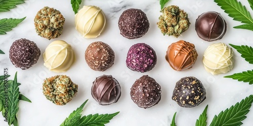 An assortment of gourmet chocolate truffles arranged on a marble surface, featuring elegant designs and various flavors that delight the senses. Perfect for indulging in a sweet treat.