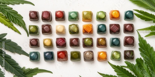 A colorful array of gourmet chocolate candies displayed on a neutral background, surrounded by fresh green leaves, creating a vibrant and enticing atmosphere for chocolate lovers.