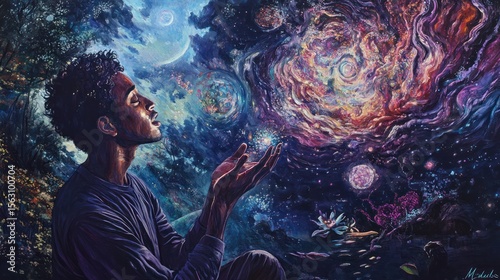 Man in awe of cosmos.  Cosmic energy, deep space, and a celestial being