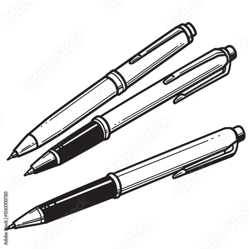 Illustration of a set of three pens in black and white vector style
