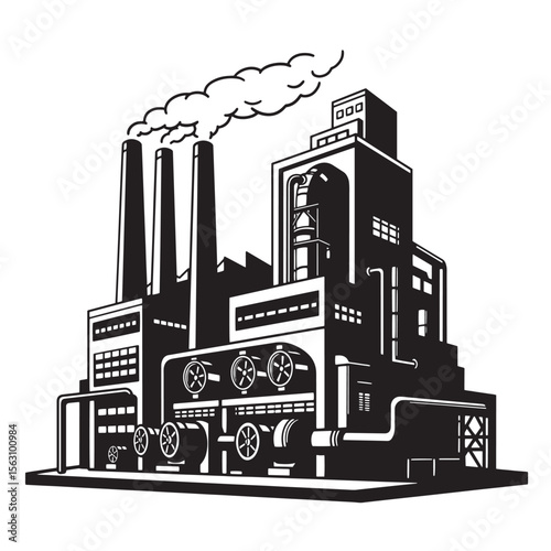 Industrial factory building illustration black and white with smoke emission producing power and manufacturing