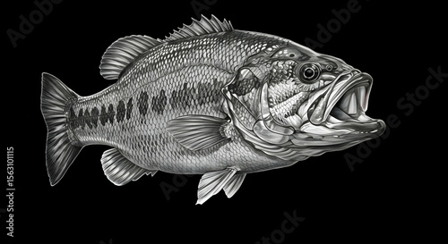 Largemouth Bass Fish Detailed Pencil Drawing Black And White Illustration