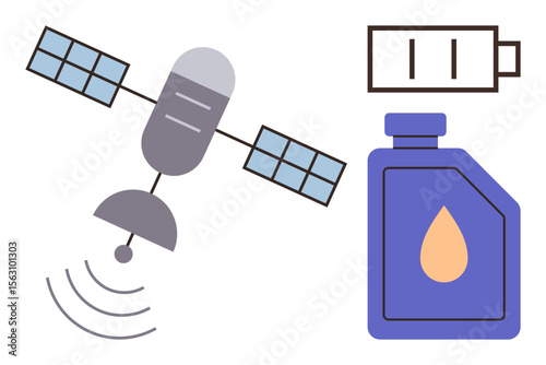 Satellite emitting waves, battery icon indicating power, and a fuel container. Ideal for communication, energy, technology, transportation, innovation, sustainability simple flat metaphor