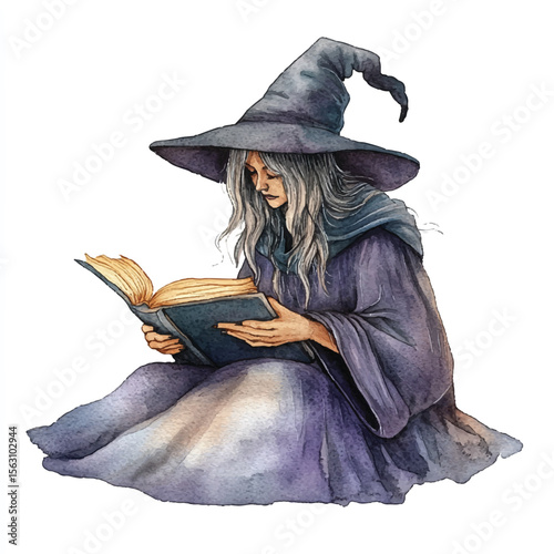 Watercolor Witch Reading Ancient Book Wearing Pointed Hat and Robes
